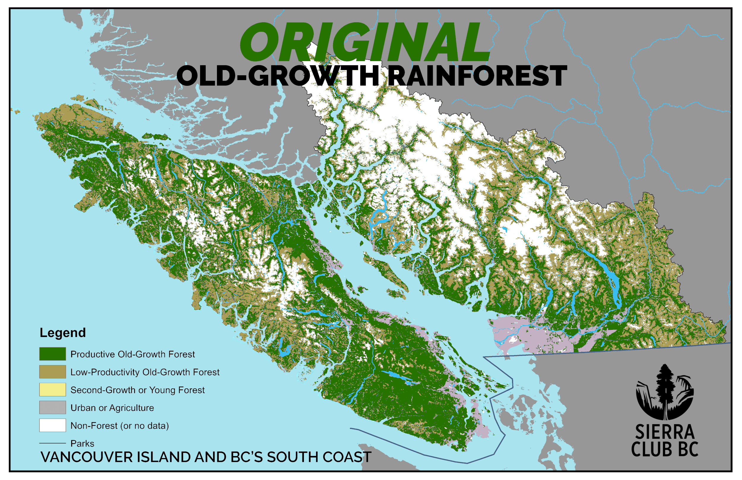 This map by Sierra Club BC shows the Original old-growth forest cover on Vancouver Island versus the Remaining old-growth forest cover today.
