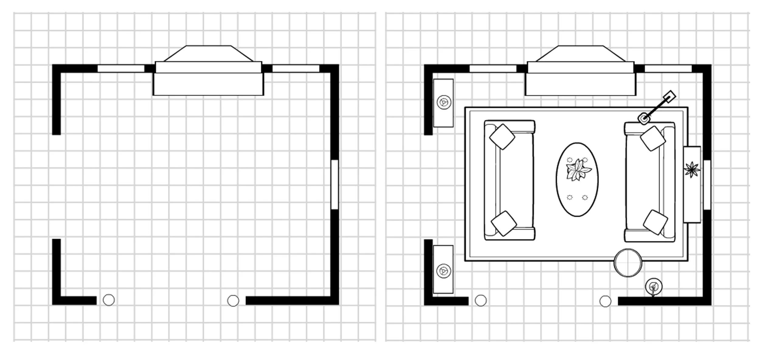 Left , the unfurnished layout and, right , the version I proposed.