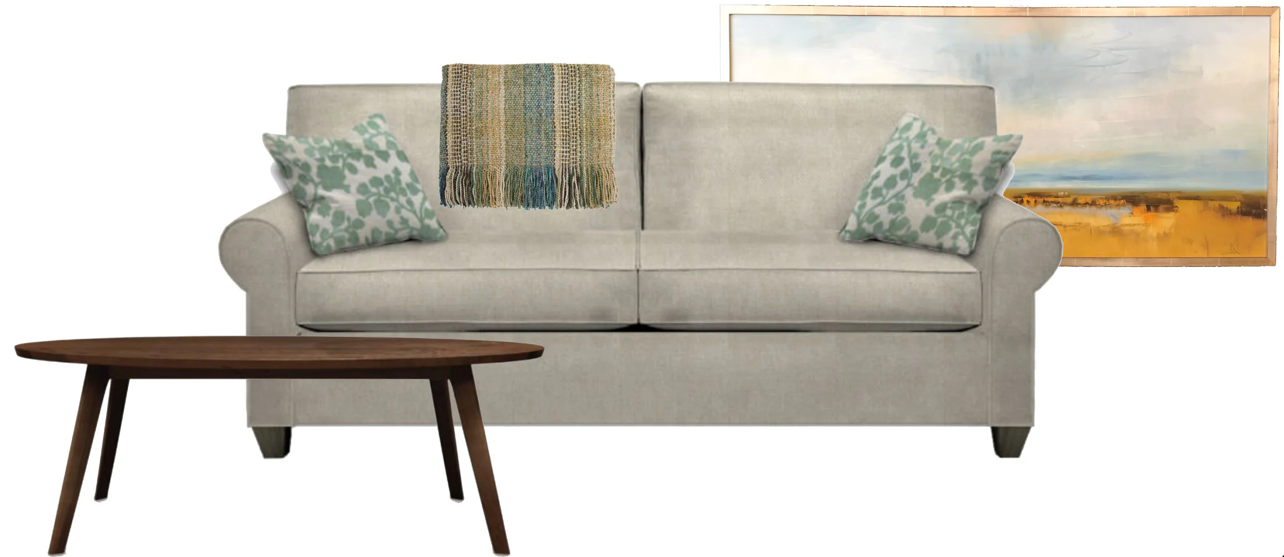 Furniture from left to right: Walnut table (Vermont), Knotting Hill sofa, Nestology collection (Ohio), Stripe knit throw (New Hampshire). More customization options available.
