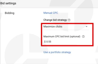 Google Shopping bid strategy: example of m aximize clicks bidding strategy.