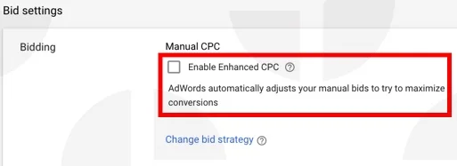 Google Shopping bid strategy: example of enhanced CPC bidding strategy.