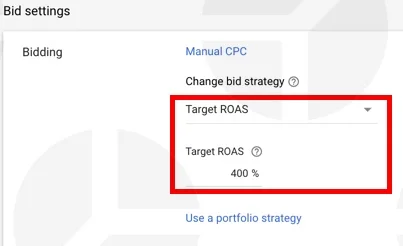 Google Shopping bid strategy: e xample of target ROAS bidding strategy.