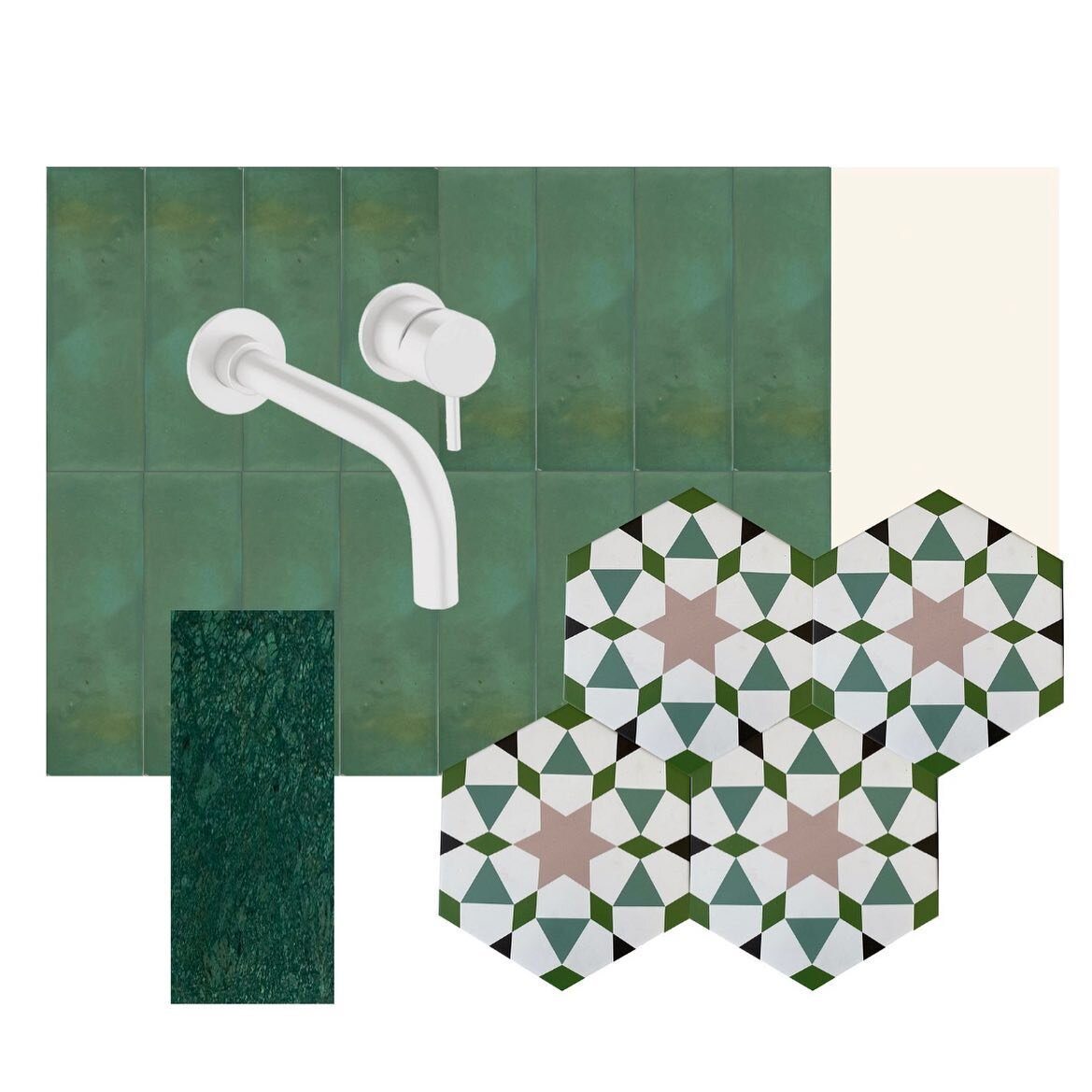 💚 FAMILY BATHROOM💚
I&rsquo;ve put together a materials board for the family bathroom. This will mainly be for the kids but guests will also use it! 
The patterned tile from @mariastarling is porcelain but based on her beautiful encaustic range, the