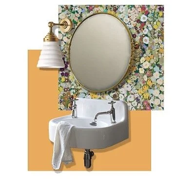 MOODBOARD options for guest WC designed around @houseofhackney wallpaper.
I&rsquo;ve wanted to use this for ages and paired it with @lick RED06 paint OR YELLOW02

Light: @pookylights Skep shade and mini elbow wall fitting

Basin: @burlingtonbathroom 