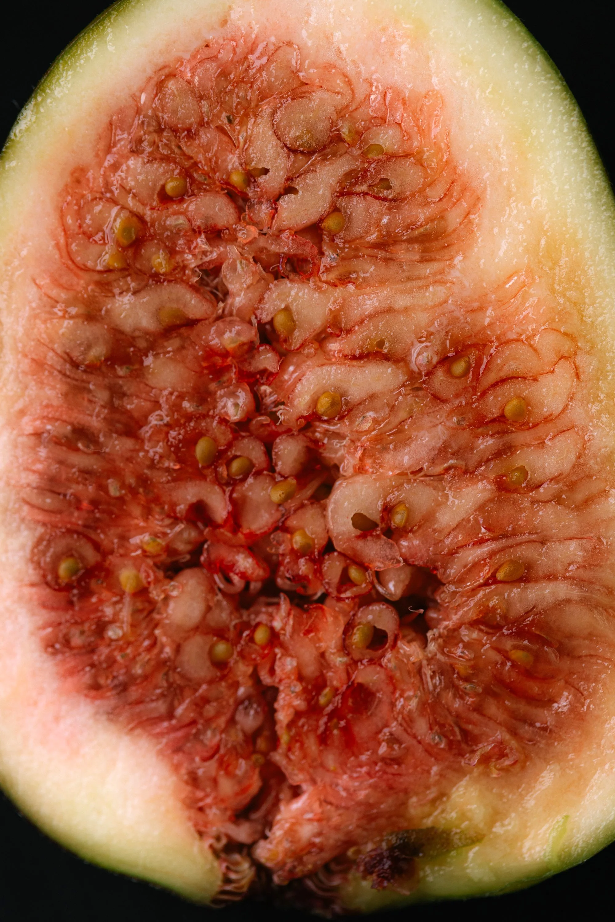 Macro photograph of fig interior resembling organic human forms