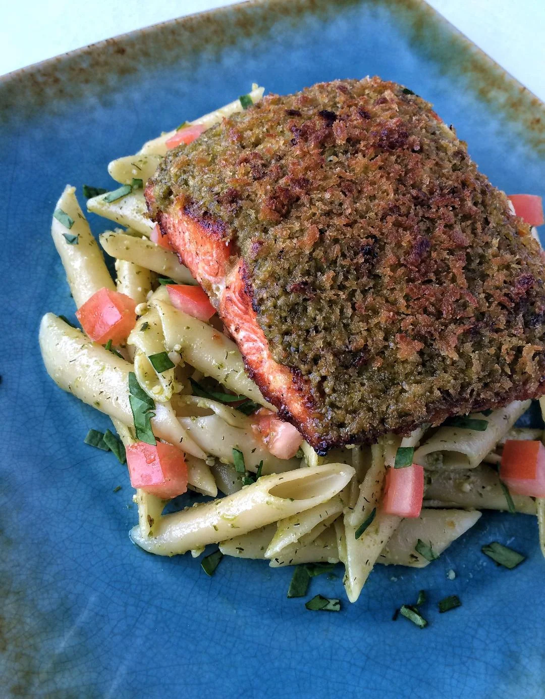 PESTO CRUSTED SALMON WITH PESTO-DILL PENNE PASTA