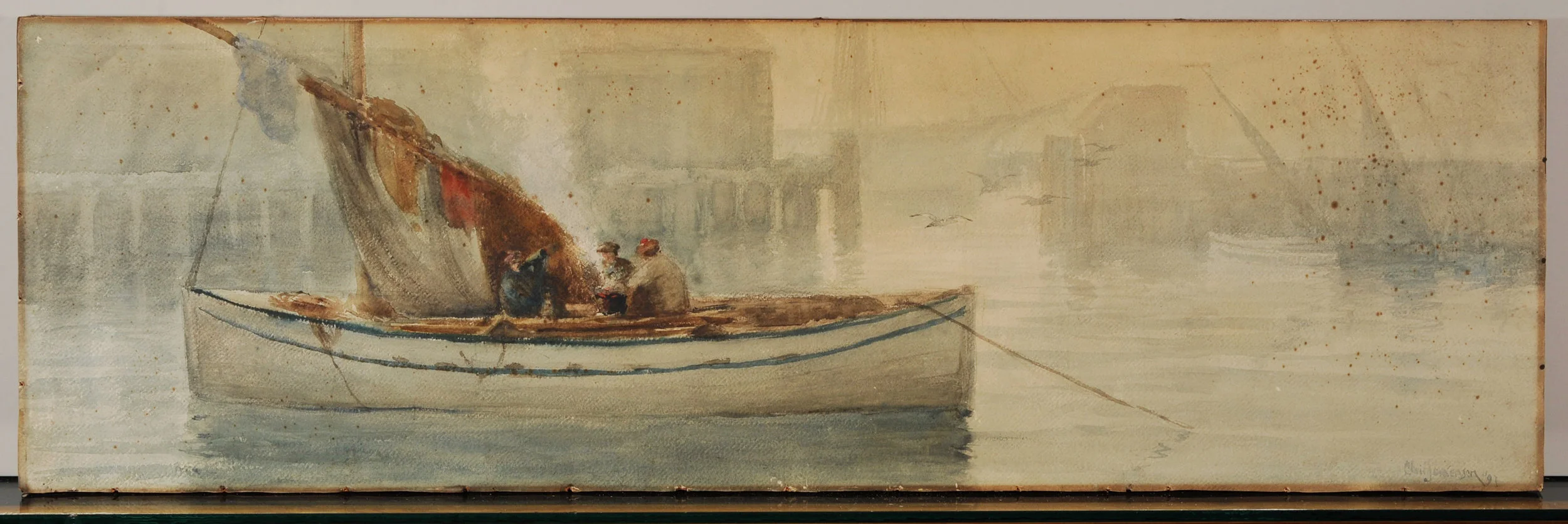 Watercolor mounted to wooden board with excessive foxing