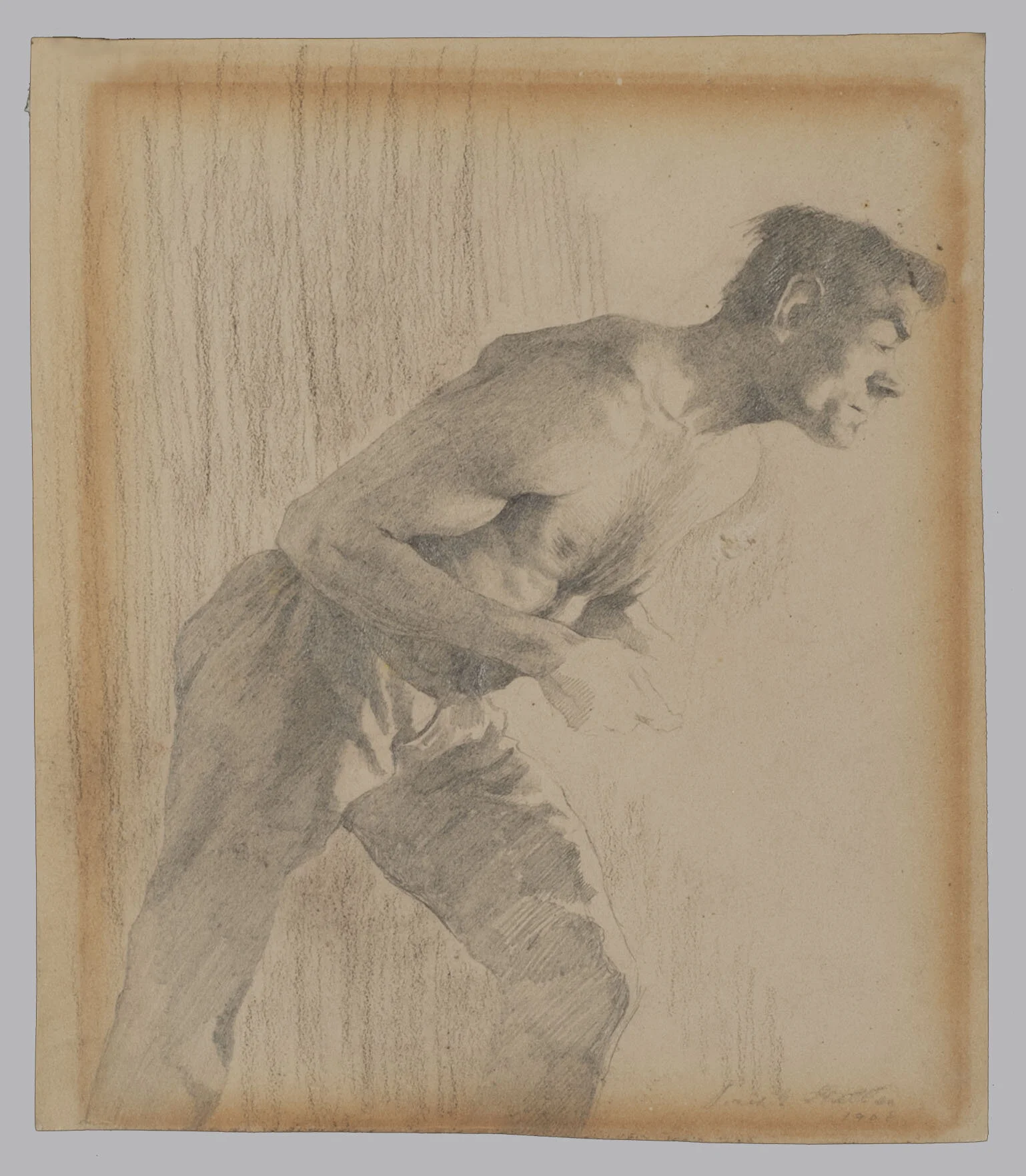Graphite drawing with severe discoloration over the image