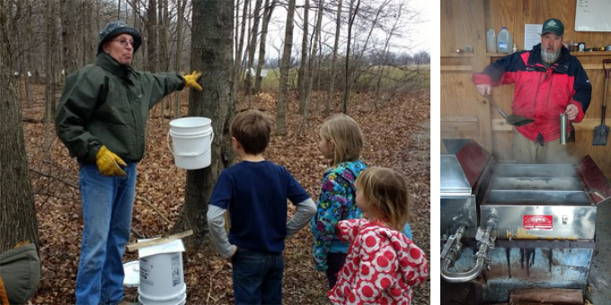 Learning about the tapping process Cooking syrup in the "sugar shack"