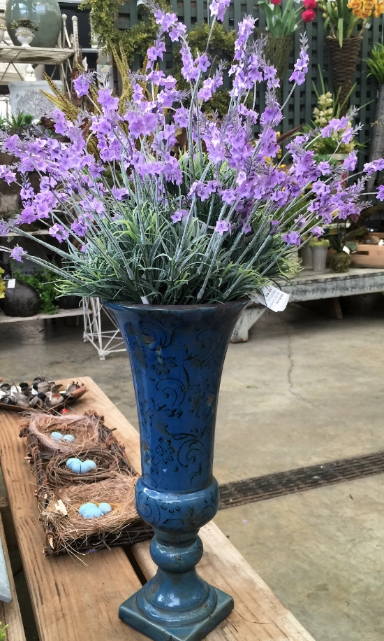 A vase of lavender spires.