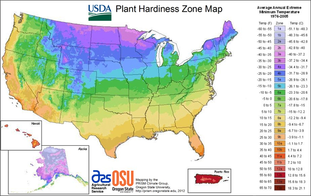 This is the plant zone hardiness map for the United States. The unique thing about this 2012 version is that is breaks areas of the country into micro-climates, taking into consideration elevation, wind, slope and bodies of water and how they affect area temperatures.