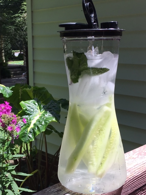 Cucumber and mint infused water. I keep this one in the garden with me in a Rubbermaid non-breakable container. I drink the entire 2 quarts in a day so I don't bother to get rid of the cucumber until the jug is empty. Then I eat it.