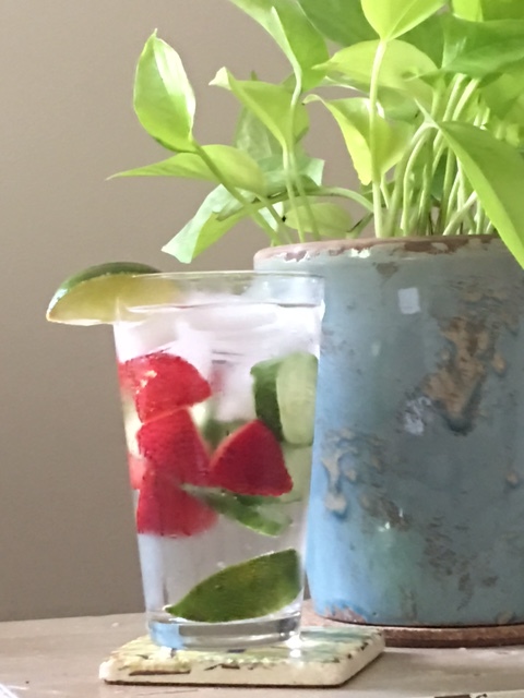 Cucumber, strawberry and lime infused water. Sounds cliche, but it is refreshing after a day in the garden.