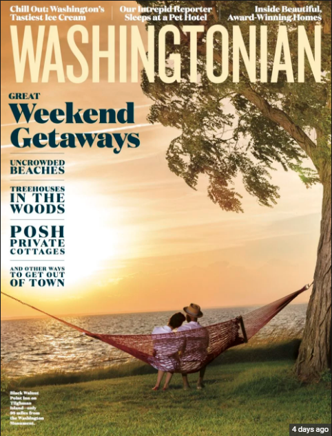 Cover of Washingtonian and Center page of weekend getaways makeup completed by Davey & Hair completed by Macie with True Colors Beauty Co.