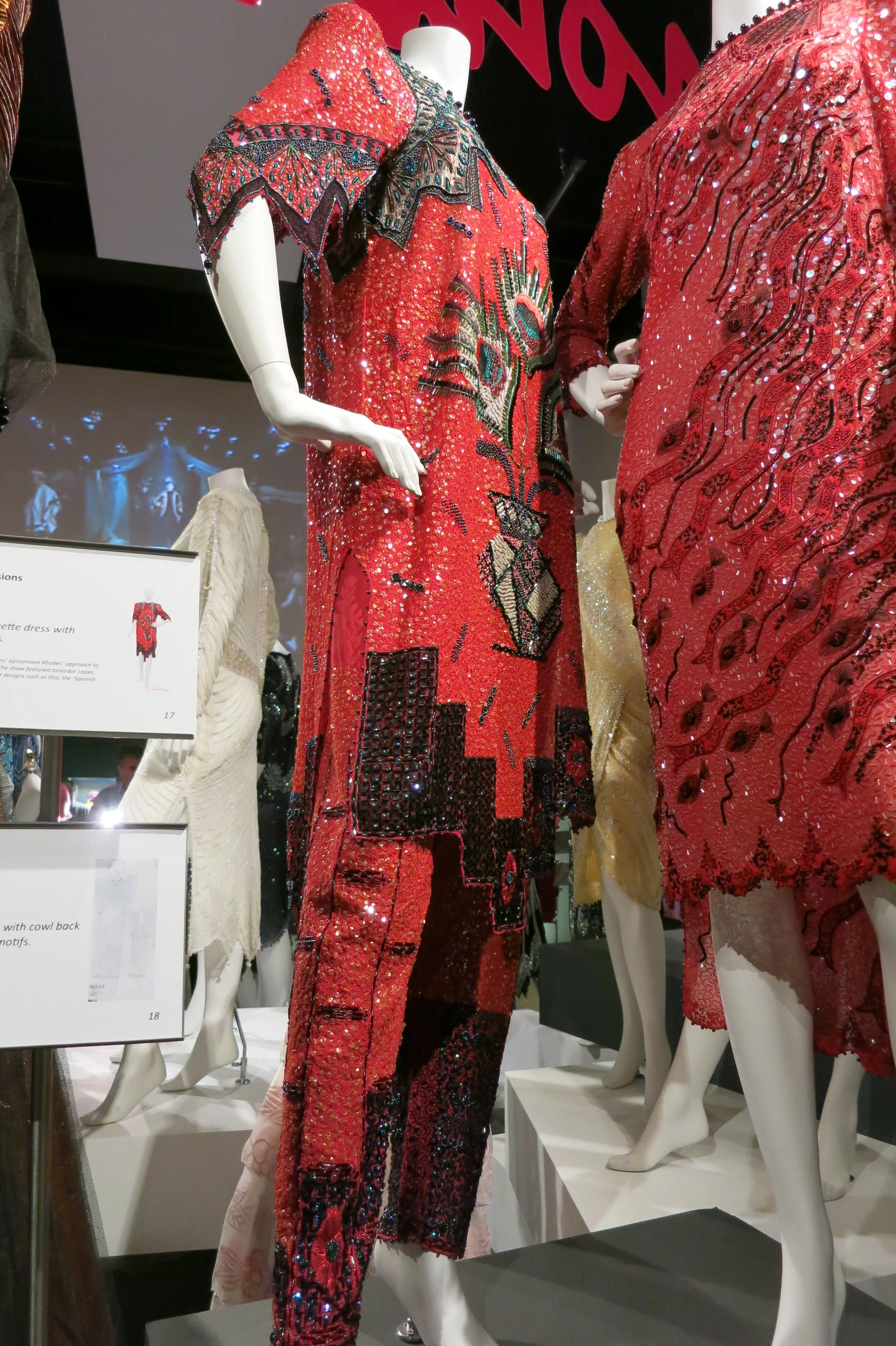 Zandra Rhodes exhibitio at the Fashion & Textile Museum, Bermondsey, London 2013 - Hand beaded dresses designed by Zandra Rhodes in the 1980s