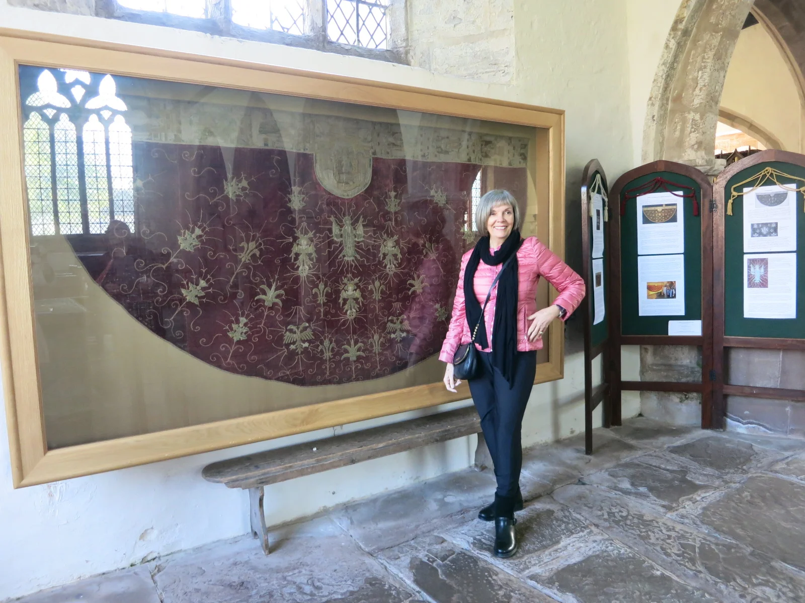 The Skenfrith Cope in its glass cabinet in St Bridgets, Skenfrith, Wales in 2015