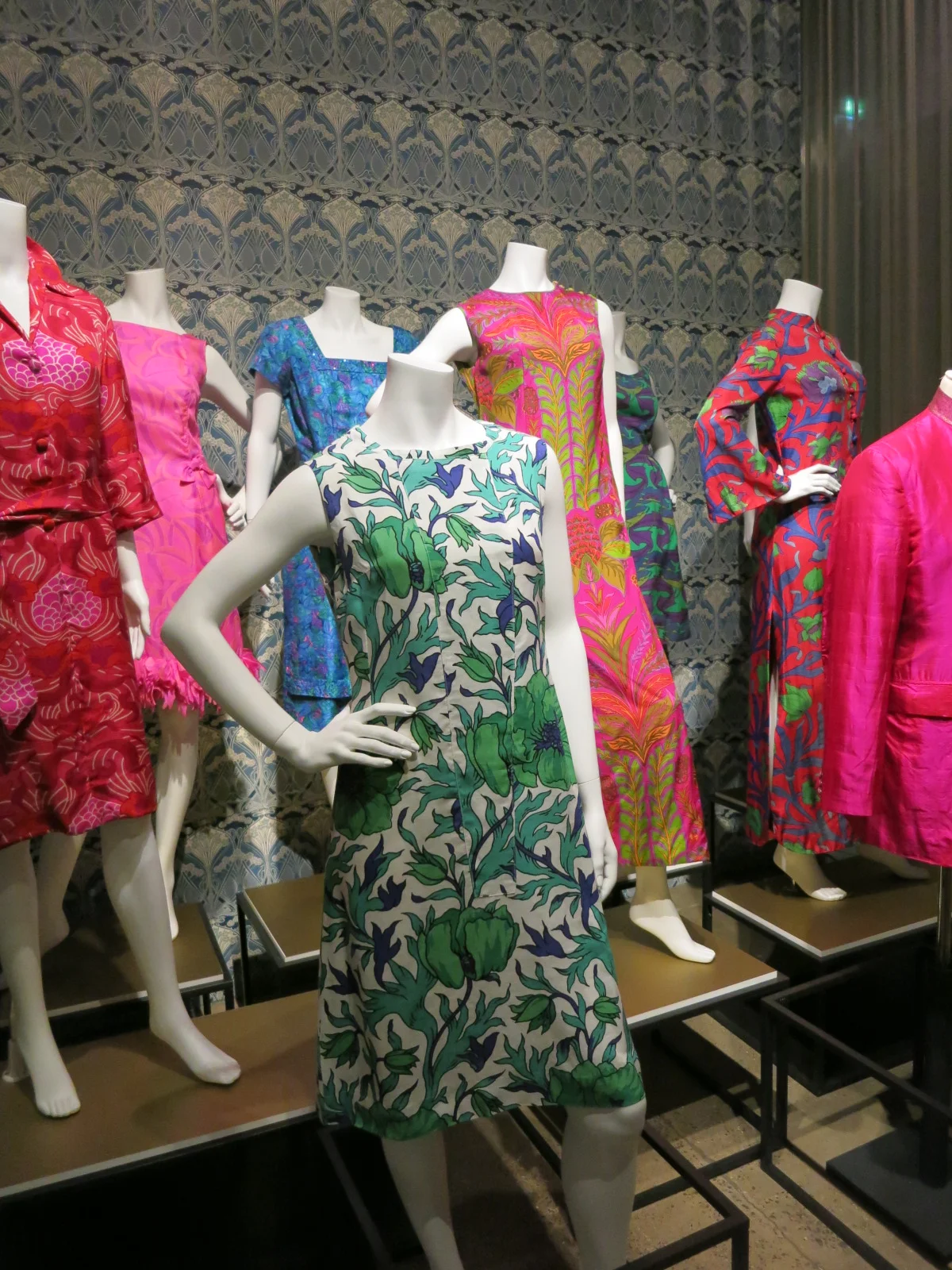 Liberty in Fashion exhibition at the Fashion & Textile Museum, Bermondsey, London 2015. These dresses are mostly from the 1960s and show the influence of the Art Nouveau Revival at the time.