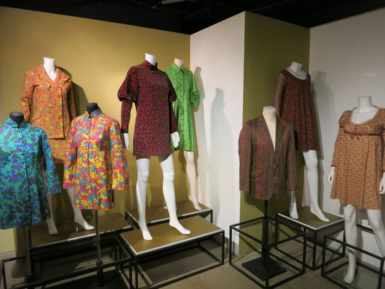 Liberty in Fashion exhibition at the Fashion & Textile Museum, Bermondsey, London 2015. The 'Swinging Liberty' exhibits. All the fabrics are by Liberty and the garments are designed by young British designers in the 1960s.