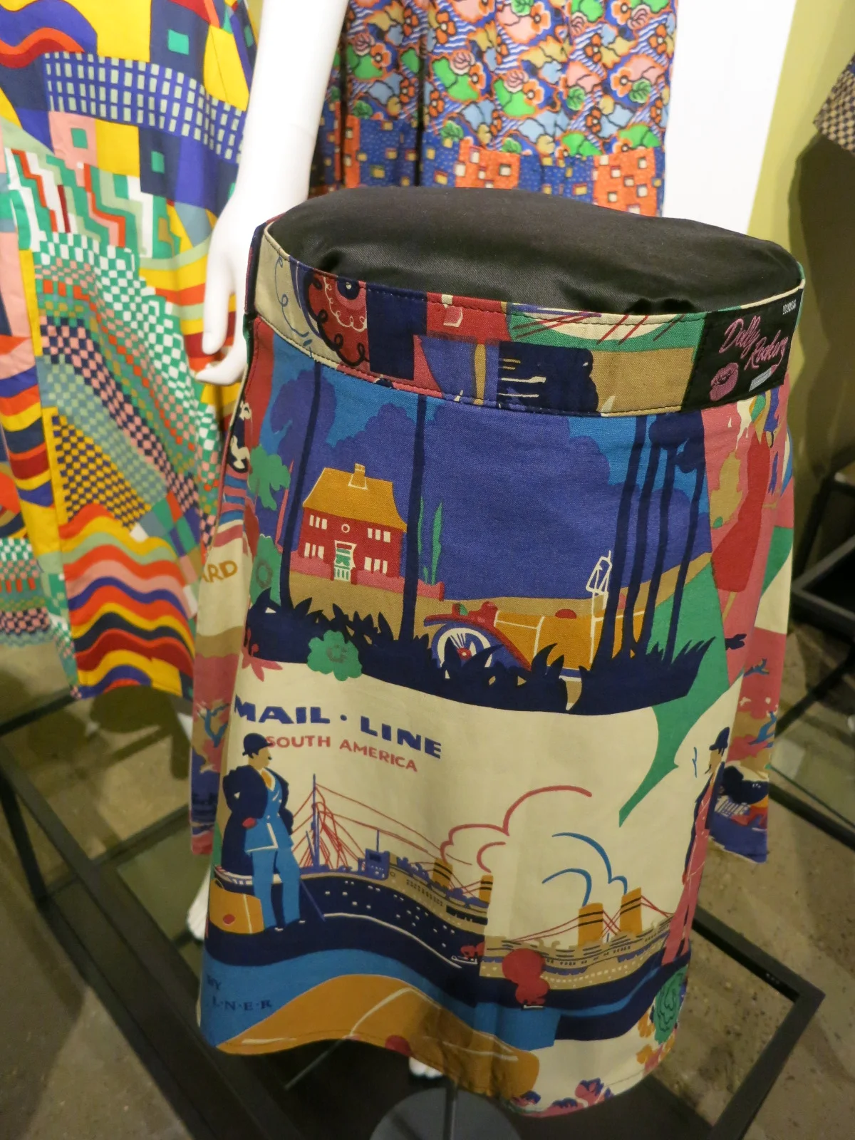 Liberty in Fashion exhibition at the Fashion & Textile Museum, Bermondsey, London 2015. This is Richard Nevill's print from his landscape range that he designed in 1968. He was inspired by 1930s travel posters.