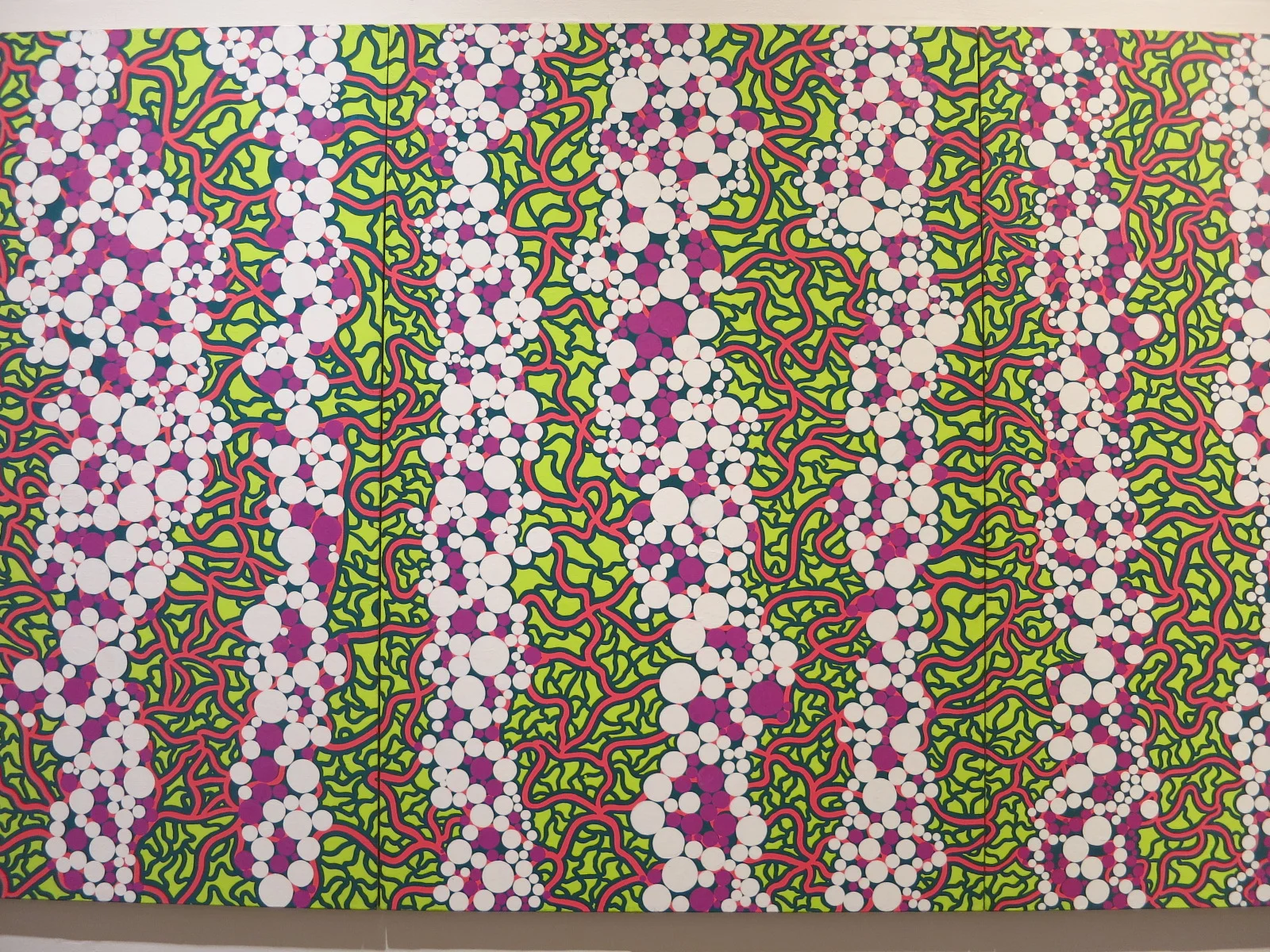 Yayoi Kusama's 1980s works in the In Infinity Retrospective at the Louisiana Museum of Modern Art, Denmark 2015. The title of this acrylic painting - 'Stardust of One Hundred Million Light-Years' 1989
