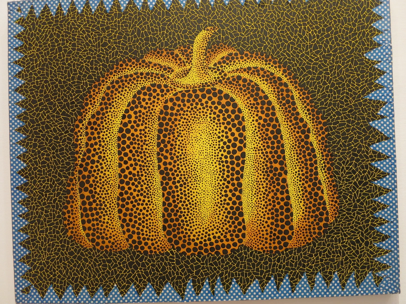 Yayoi Kusama's 1980s works in the In Infinity Retrospective at the Louisiana Museum of Modern Art, Denmark 2015. 'Pumpkin' 1980. Acrylic paint and printed fabric.