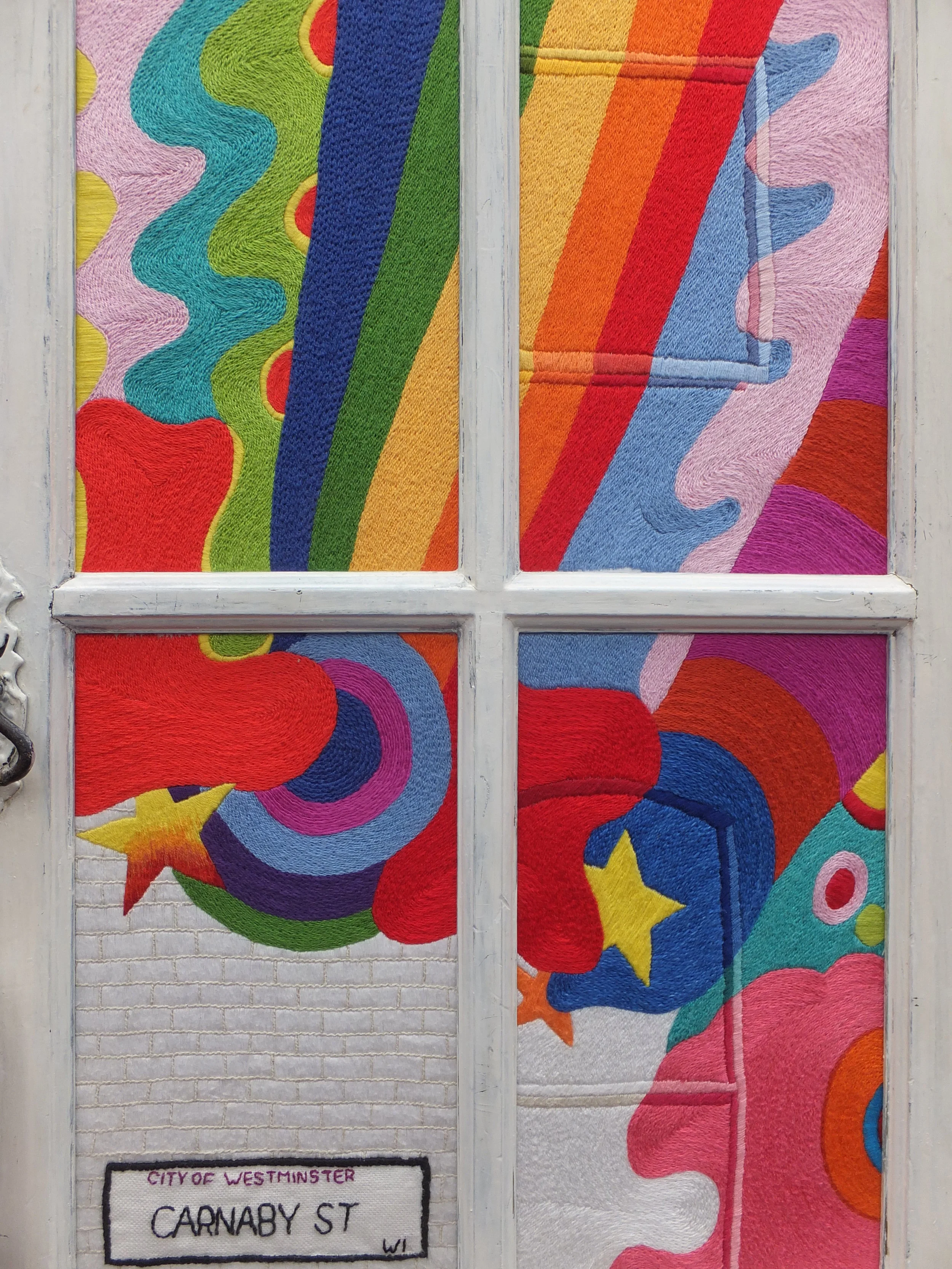 Val Tomlin's 'Lord John Mural' in the Carnaby Street 1960s installation for the Embroiderers' Guild N.S.W's feature space in the Craft & Quilt Fair, Sydney, June 2016