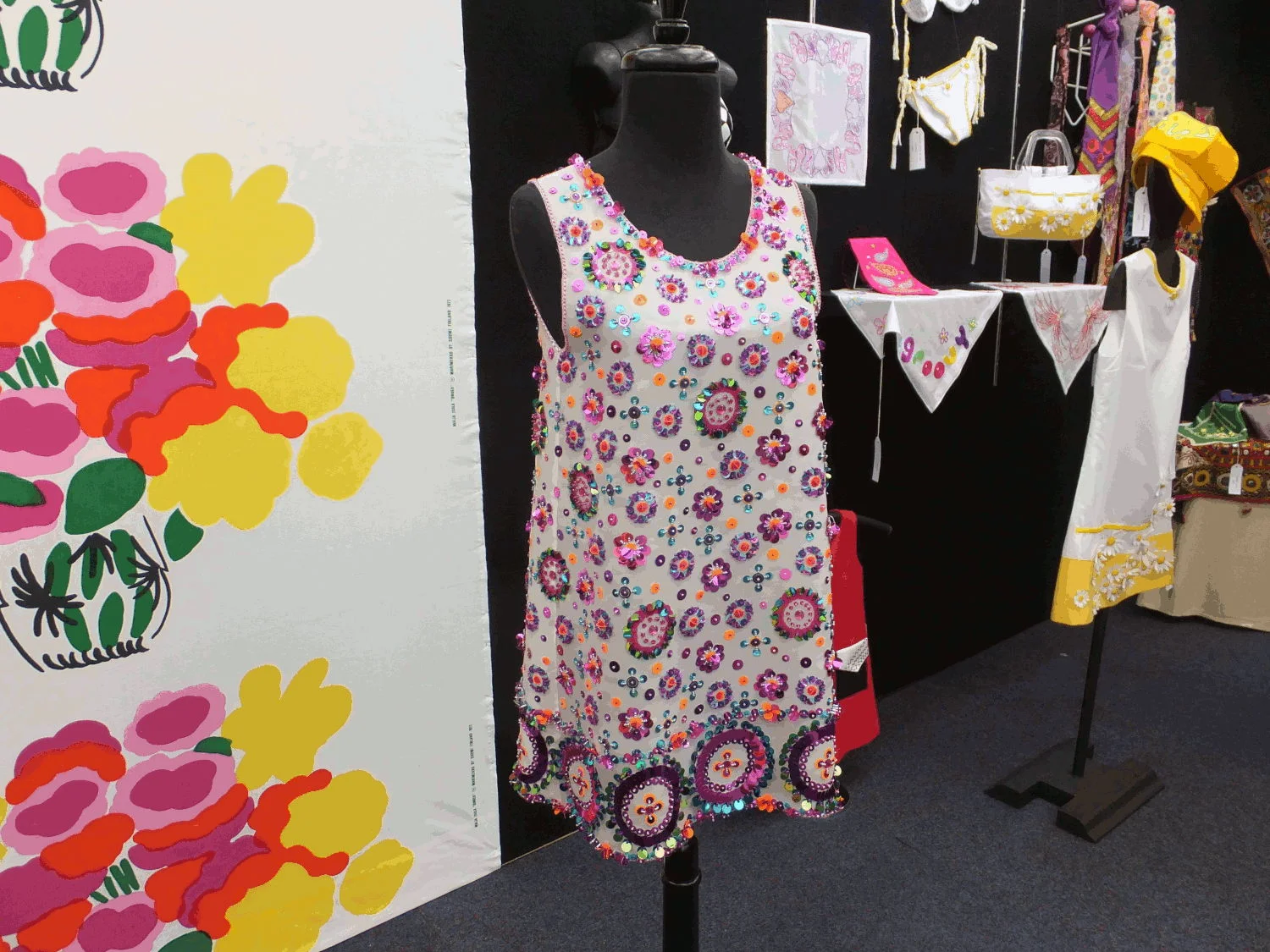 The Embroiderers’ Guild N.S.W’s Feature Space in the Craft & Quilt Fair at Darling Harbour, 2016. The theme was Carnaby Street in the 1960’s. Mary was the art director for this installation. Pieces were worked by Embroiderers’ Guild members.