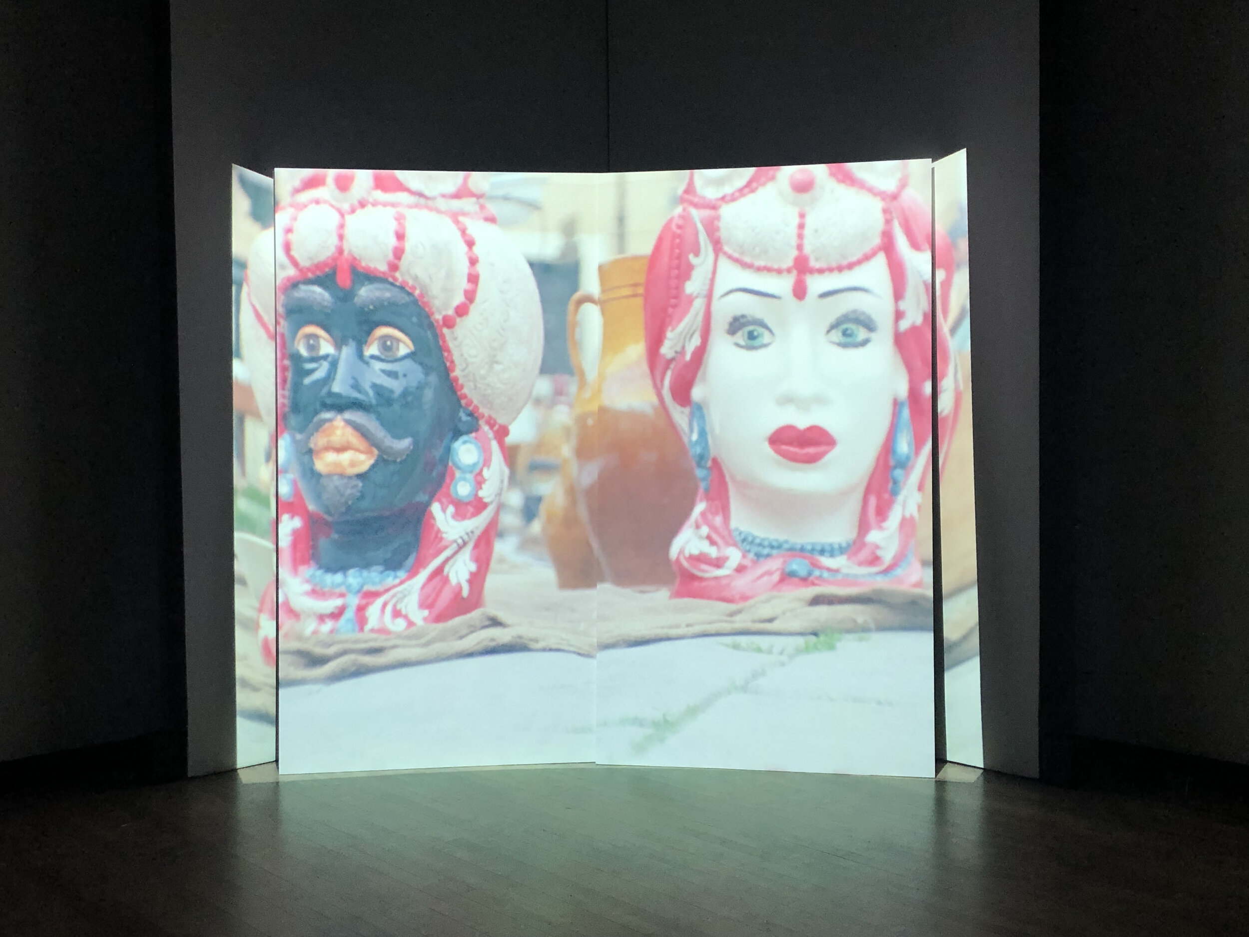  installation view at the Rubenstein Arts gallery. projection onto a bifurcated screen.    
