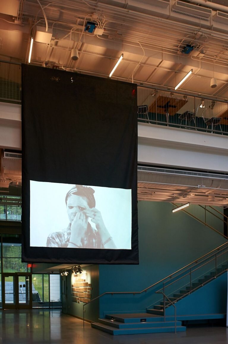  installation view at the Rubenstein Arts Center. 15’ handmade screen suspended from rails. 