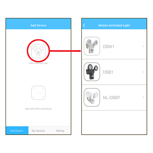 To manually select your light, tap on the "Motion Activated Light" icon and follow the prompts.