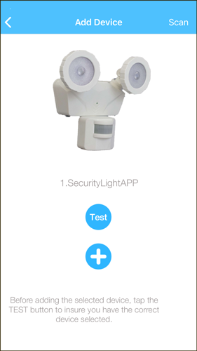 Tap the "Test" button, and the light should activate. (If you have multiple lights, this is a convenient way to know you've activated the correct light.) Otherwise, click on the "+" button to add this light to you "My Devices" menu.