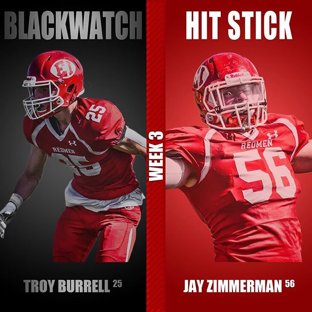 This weeks BLACKWATCH and HIT STICK players of the week! #redmen #blackwatch #hitstick #biggerhearts @sportsrushn12