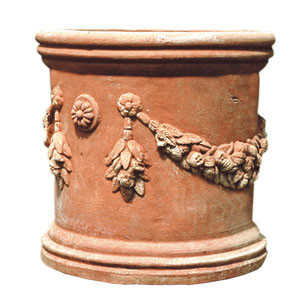 Terracotta vase cylindrical with garland and roses
