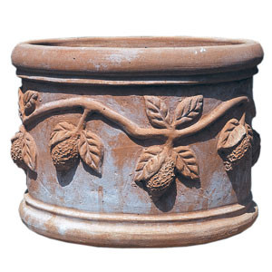 Terracotta cylindrical vase with leaf