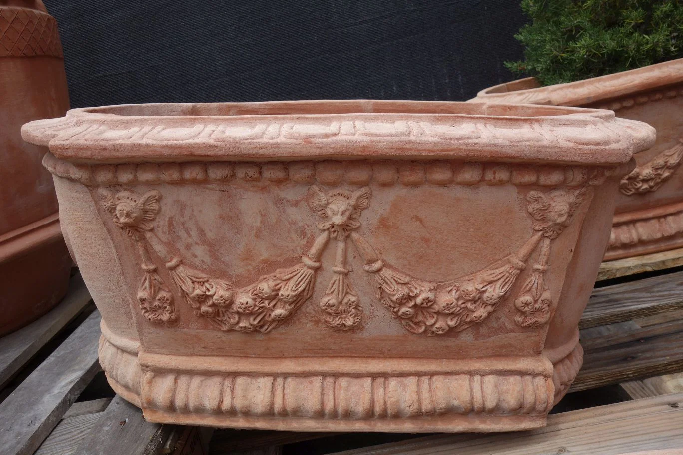 Italian Tuscan Terracotta rectangular oval box planter with festoons