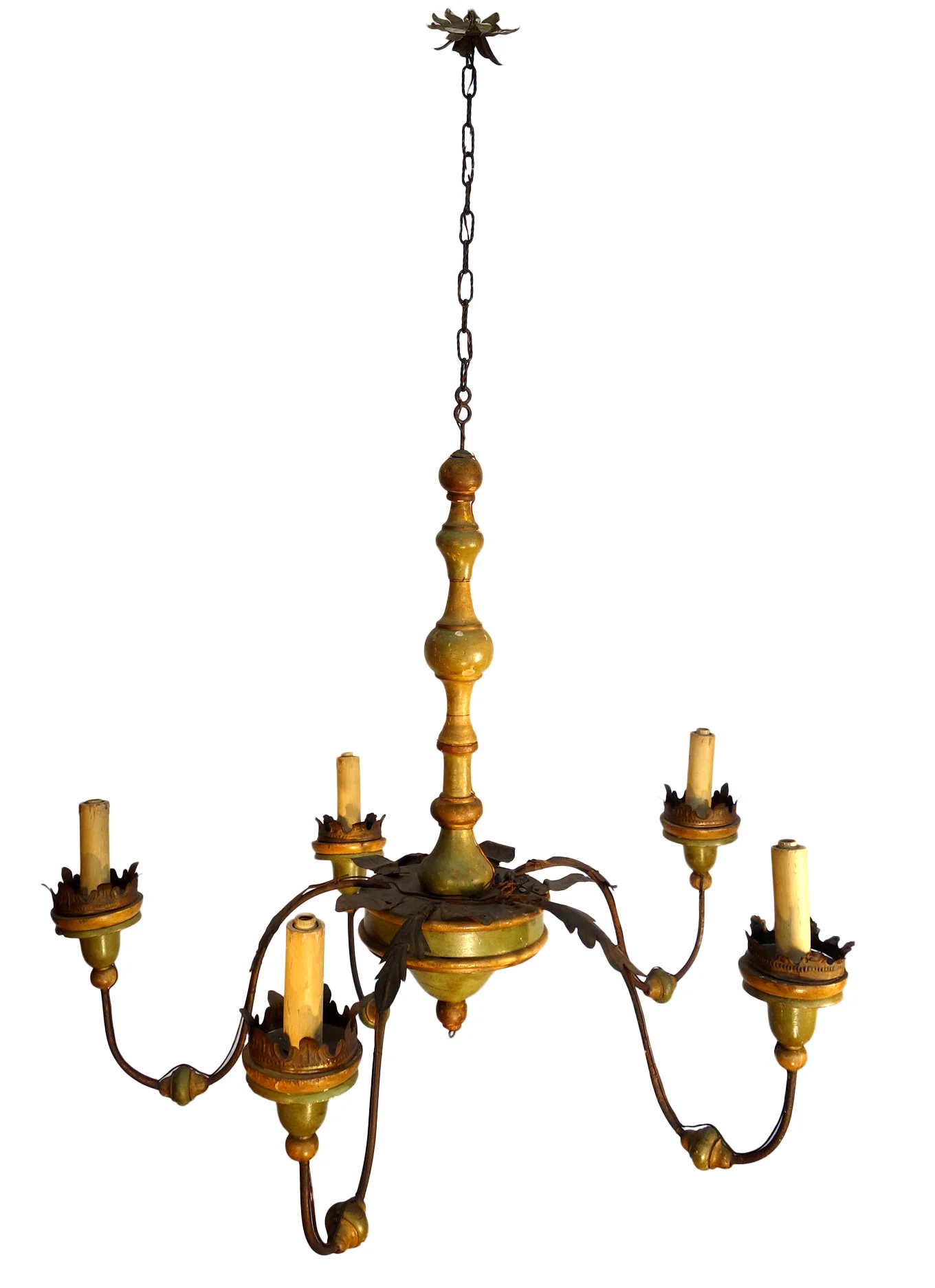 Antique Venetian Painted Green Wood Chandelier