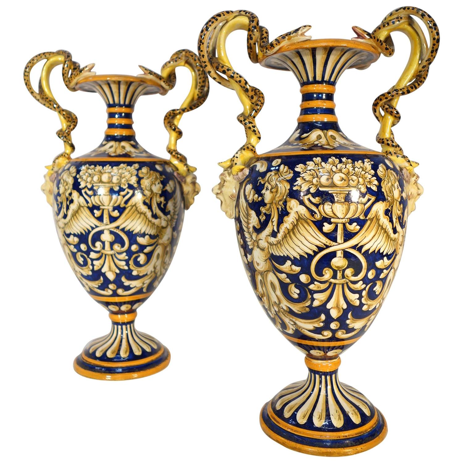 Majolica Italian Amphora, pair, Ca 1890