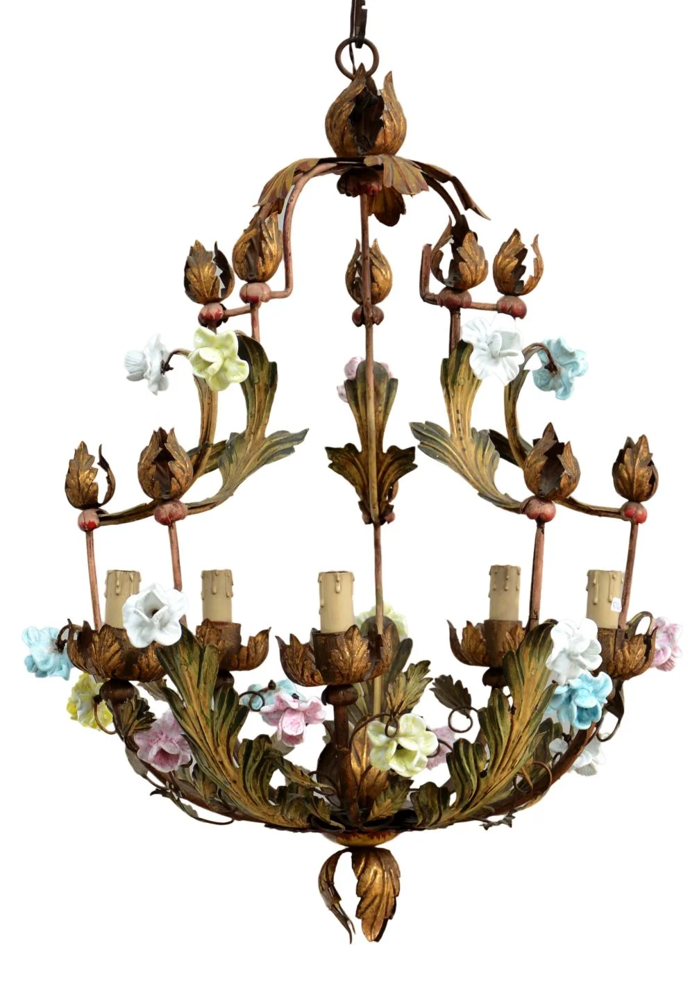 Gold Painted Chandelier with Capodimonte Porcelain Flowers