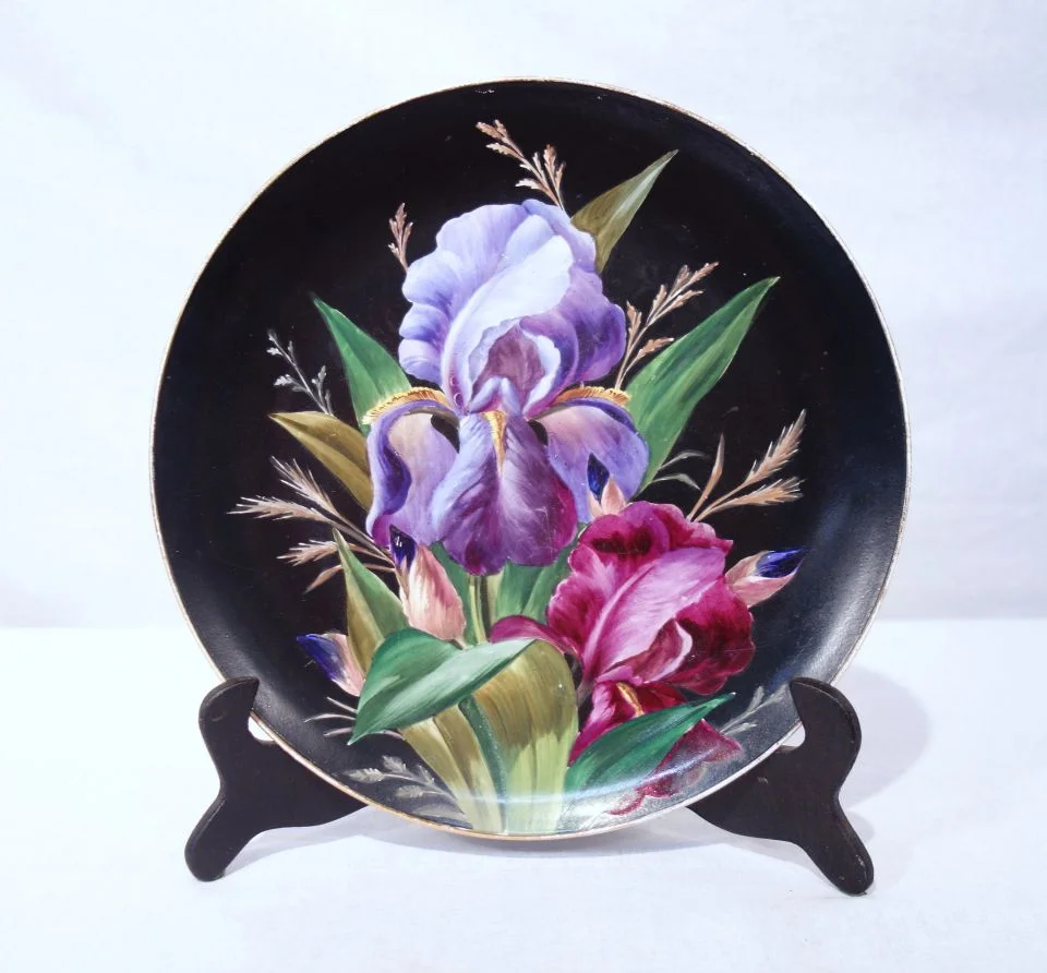 Hand-Painted, Signed Plate: Irises