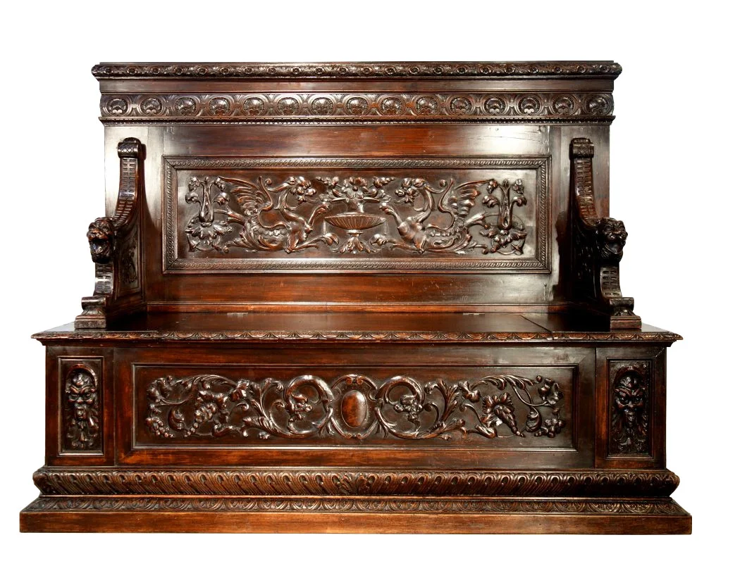 Style Bench In Heavy Carved Walnut