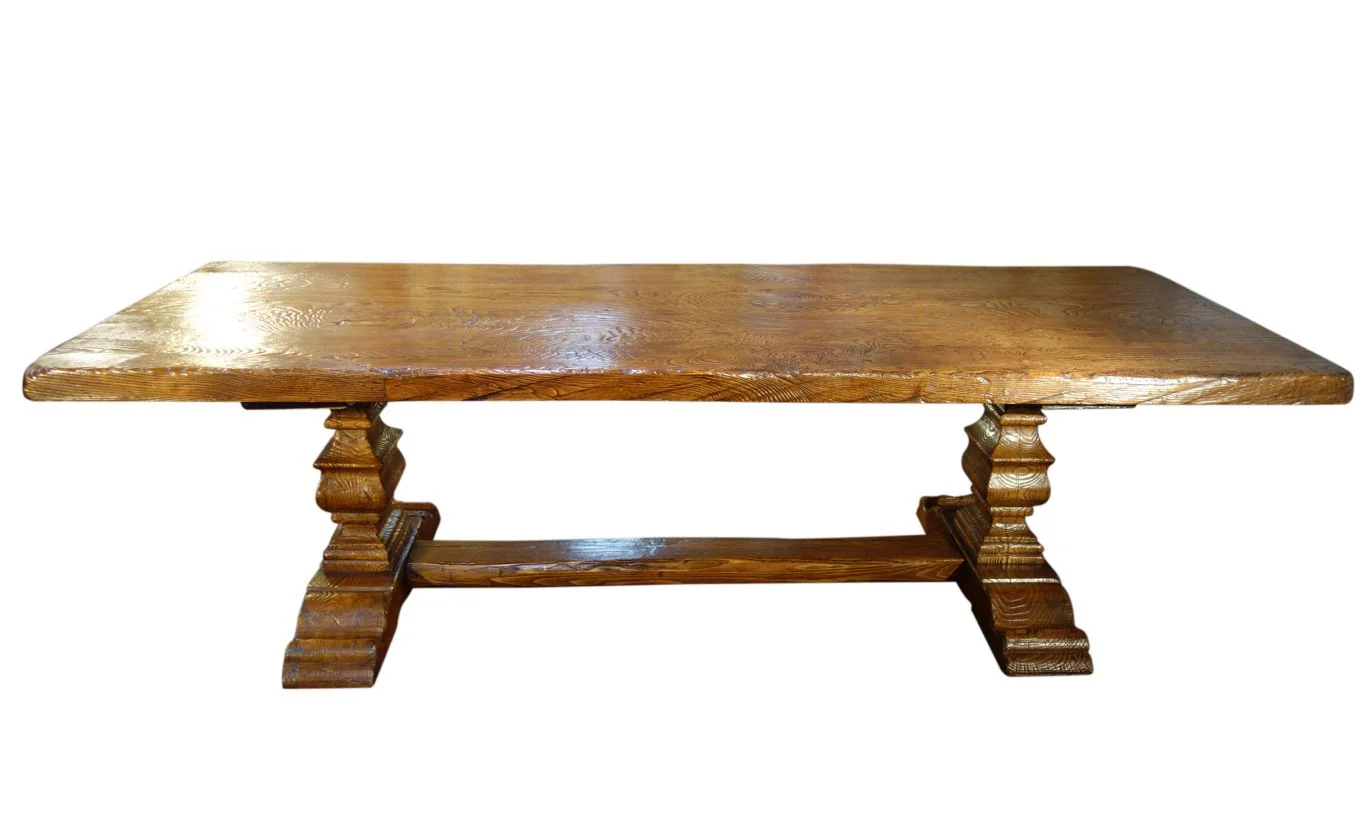 BALAUSTRA - 109" Authentic Ancient Solid Slab Chestnut Italian Antique Reproduction 2 Pedestal Table