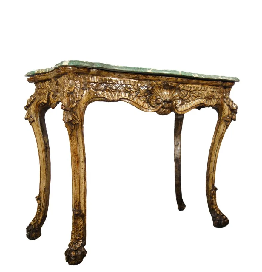 18th Century Italian Roman Baroque Mecca Silver Gold Gilted Formal Console Table with Malachite Marble top