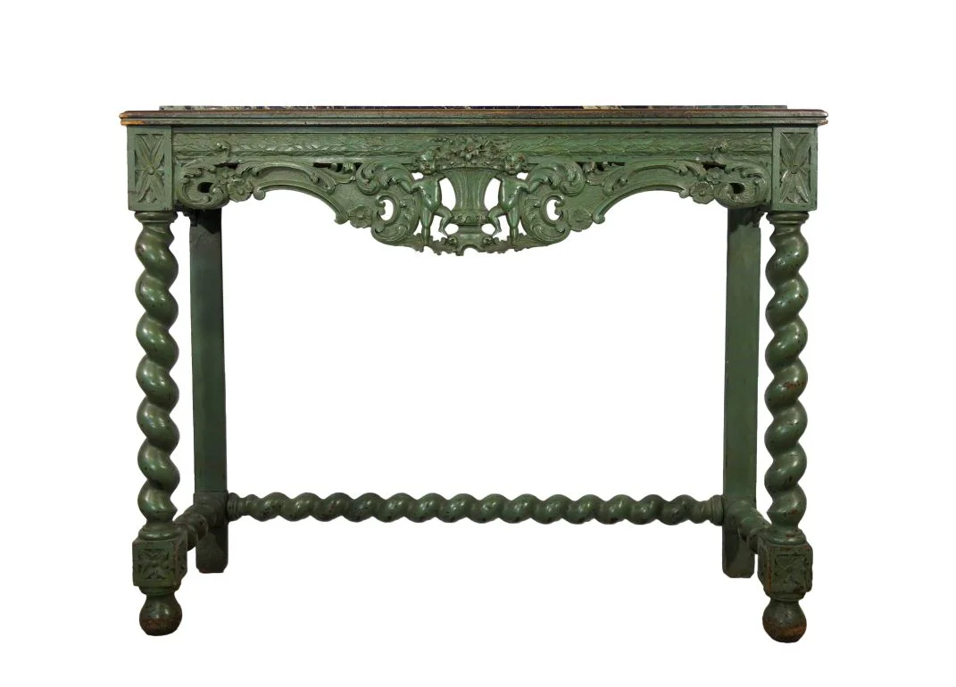 Antique Italian Carved Cherub Twins Console with Green Marble Top Ca 1820