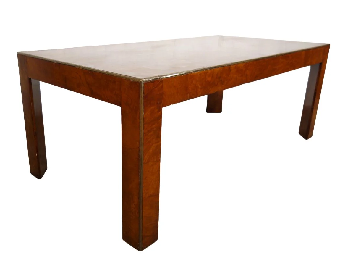 Mid Century Italian Burled Veneer Walnut Parson Modern Minimal Coffee Table with Brass Edging 1950
