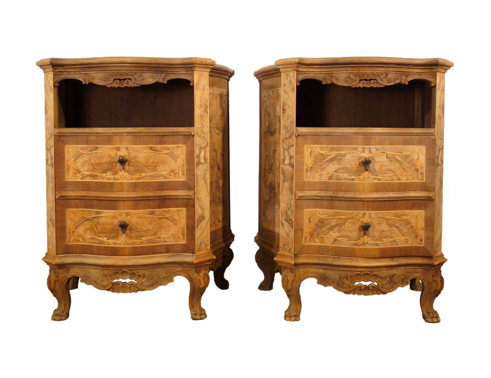 Antique Italian Venetian Burled Nightstands pair Ca 1900