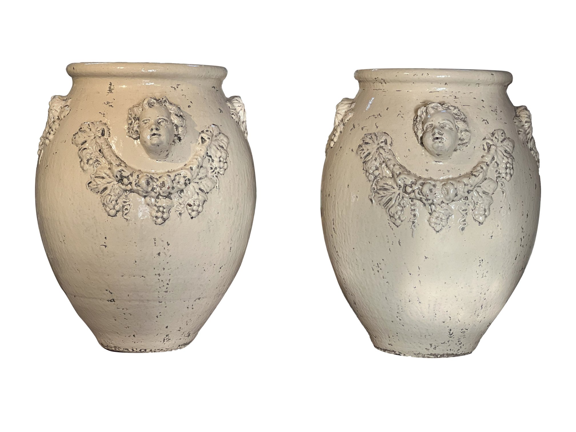 Italian Antique Pair of Terracotta Glazed Garden Urns with Cherubs.jpg