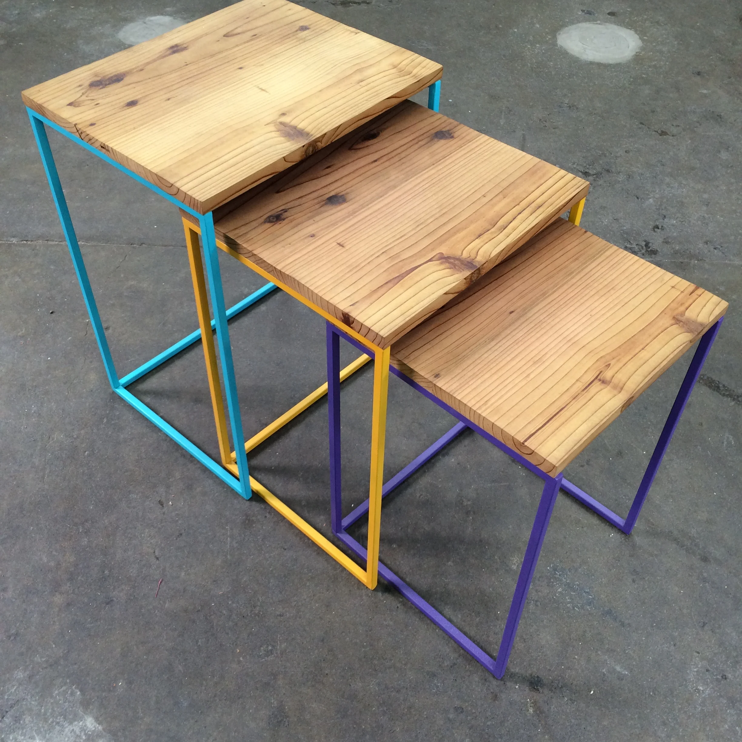 Reclaimed Redwood Nesting Tables with Painted Steel Bases