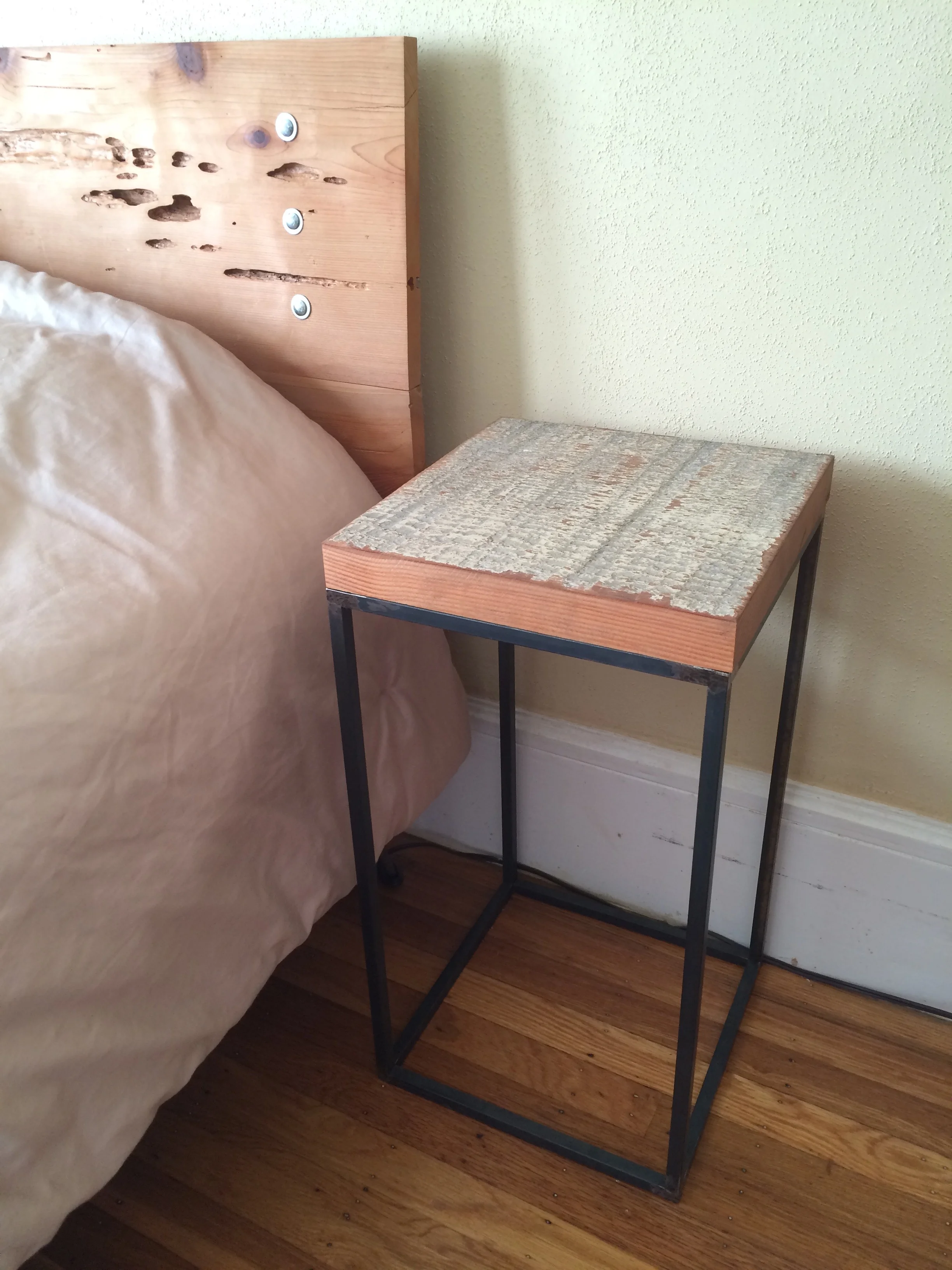 Reclaimed Redwood Side Table with White Paint and Steel Base