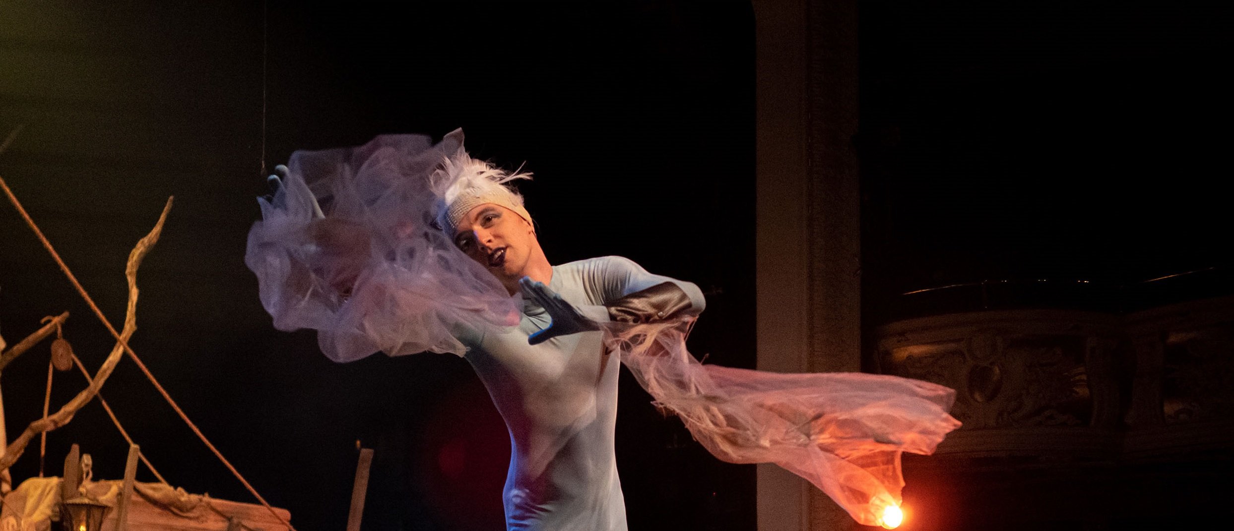  The head and shoulders of a man wearing a grey shimmery veil and grey costume dances at an angle 