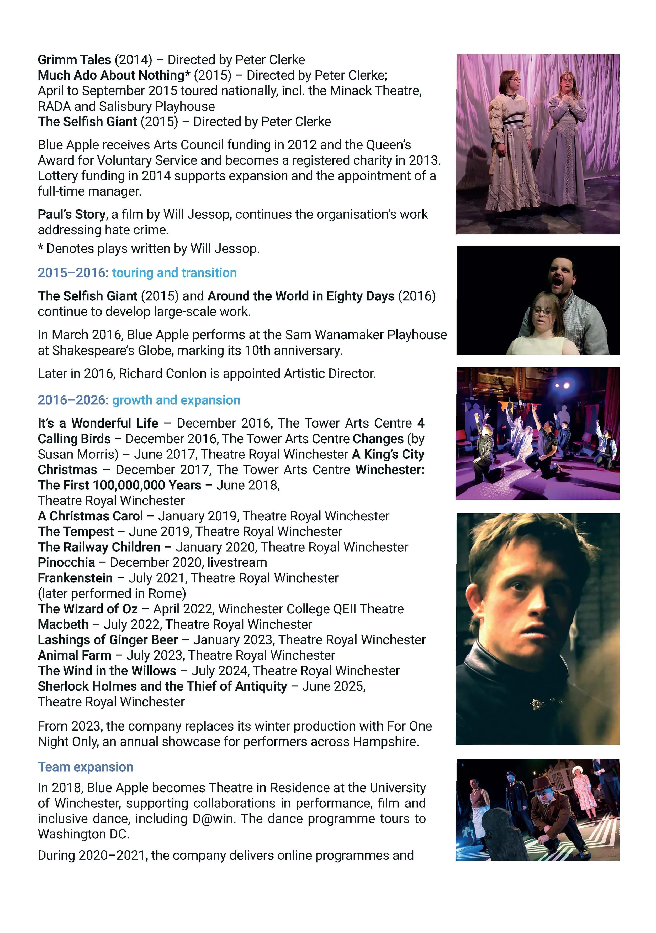 Timeline covering Blue Apple Theatre's growth and expansion from 2015 to 2026, highlighting major productions, touring work, team development and performances, with production photographs from different shows.